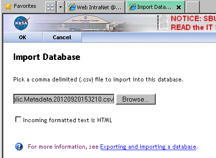 Import Database window: Browse to select CSV file, check no box, click OK